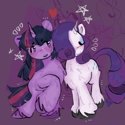 Size: 1937x1937 | Tagged: safe, artist:stanleyiffer, imported from derpibooru, rarity, twilight sparkle, pony, unicorn, blushing, chest fluff, duo, female, fluffy, heart, lesbian, rarilight, shipping, smiling, sparkles, unicorn twilight, unshorn fetlocks