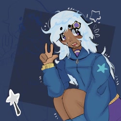 Size: 2046x2046 | Tagged: safe, artist:stanleyiffer, imported from derpibooru, trixie, human, beanbrows, clothes, eyebrows, hoodie, humanized, peace sign, solo