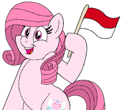 Size: 567x512 | Tagged: safe, artist:noi kincade, imported from derpibooru, oc, oc only, oc:annisa trihapsari, earth pony, pony, bipedal, cute, earth pony oc, female, flag, happy, indonesia, mare, ocbetes, open mouth, open smile, pink body, pink eyes, pink mane, pink tail, pretty, simple background, smiling, solo, tail, teeth, transparent background