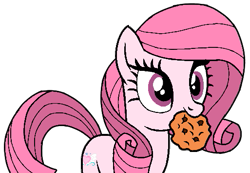 Size: 513x354 | Tagged: safe, artist:noi kincade, imported from derpibooru, oc, oc only, oc:annisa trihapsari, earth pony, pony, cookie, cute, female, food, mare, not pinkie pie, not rarity, ocbetes, pink body, pink eyes, pink hair, pink mane, pink tail, simple background, smiling, solo, tail, transparent background