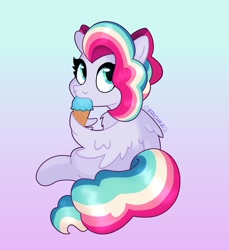 Size: 963x1050 | Tagged: safe, artist:erichkaofficial, imported from derpibooru, oc, oc only, oc:sky sorbet, pegasus, pony, bow, eating, food, gradient background, hair bow, ice cream, ice cream cone, multicolored hair, pegasus oc, sitting, solo, wing hands, wings