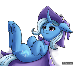 Size: 1800x1600 | Tagged: safe, artist:zachc, imported from derpibooru, trixie, pony, unicorn, butt, cape, clothes, curved horn, eyelashes, hat, horn, lying down, on back, plot, simple background, solo, tail, trixie's cape, trixie's hat, underhoof, white background