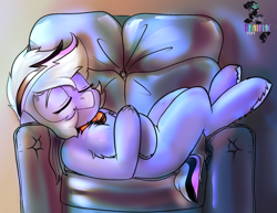 Size: 1554x1200 | Tagged: safe, artist:brainiac, imported from derpibooru, oc, oc only, oc:whiskey lullaby, cat, cat pony, original species, bell, bell collar, chest fluff, collar, cute, female, human shoulders, inflatable chair, mare, sleeping, solo, unshorn fetlocks