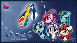 Size: 1920x1080 | Tagged: safe, artist:brella, imported from derpibooru, oc, oc only, pony, chinese, denmark, english, finland, iceland, map, nation ponies, national flag, norway, ponified, sweden