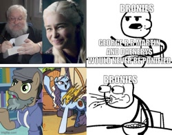Size: 620x485 | Tagged: safe, idw, imported from derpibooru, doctor caballeron, dragon, earth pony, human, unicorn, daring doubt, brony, cereal, cereal guy, daenerys targaryen, disguise, fake beard, food, game of thrones, george r.r. martin, groom q.q. martingale, irl, irl human, meme, official comic, photo, viserion