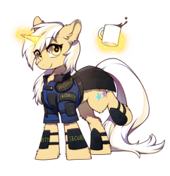 Size: 2271x2351 | Tagged: safe, artist:swaybat, imported from derpibooru, oc, oc only, oc:flash meteor, pony, unicorn, fallout equestria, armor, coffee, security armor, security guard, simple background, solo, transparent background