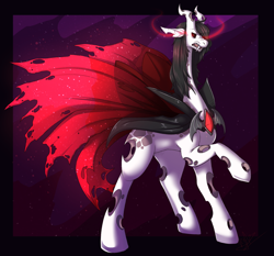 Size: 2000x1865 | Tagged: safe, artist:nega subucni, imported from derpibooru, oc, oc only, oc:demontri, changeling, abstract background, cape, changeling oc, clothes, fangs, glowing, glowing eyes, open mouth, raised hoof, red changeling, solo, white changeling