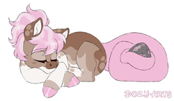 Size: 1600x929 | Tagged: safe, artist:dozyarts, imported from derpibooru, oc, oc only, oc:poor baby, earth pony, pony, egg, female, lying down, mare, prone, simple background, sleeping, solo, white background