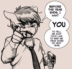 Size: 3143x3000 | Tagged: safe, artist:replica, imported from derpibooru, oc, oc only, oc:replica, anthro, earth pony, angry, bedroom eyes, clothes, dialogue, digital art, gun, handgun, holding, male, monochrome, necktie, shirt, sketch, solo, speech bubble, talking to viewer, text, unamused