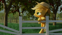 Size: 1920x1080 | Tagged: safe, artist:enteryourponyname, imported from derpibooru, applejack, bird, earth pony, pony, 3d, apple, apple tree, applejack's hat, blender, blender cycles, blurry background, cowboy hat, crossed hooves, fence, grass, hat, leaning, leaning forward, looking at something, relaxed, simple background, solo, sweet apple acres, tree