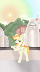 Size: 1080x1919 | Tagged: safe, artist:sodapop sprays, imported from derpibooru, oc, oc:sodapop sprays, pegasus, pony, building, butt, female, hawaii, looking at you, looking back, mare, mountain, mountain range, plot, rainbow, scenery, solo