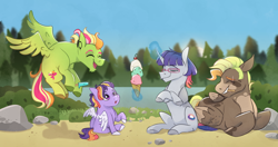 Size: 1280x678 | Tagged: safe, artist:primrosepaper, imported from derpibooru, oc, oc only, oc:burnt apple brickle, oc:cosmo twinkle, oc:fruity whirl, unnamed oc, pegasus, pony, unicorn, brothers, colt, foal, food, forest, glasses, ice cream, ice cream cone, levitation, lying down, magic, male, multiple parents, offspring, parent:applejack, parent:fluttershy, parent:pinkie pie, parent:rainbow dash, parent:rarity, parent:twilight sparkle, parents:omniship, pond, popsicle, prone, siblings, telekinesis, water