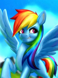 Size: 1536x2048 | Tagged: safe, artist:izalith_itxi, imported from derpibooru, rainbow dash, pegasus, pony, smiling, smirk, solo, spread wings, wings