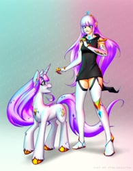 Size: 1500x1920 | Tagged: safe, artist:izalith_itxi, imported from derpibooru, oc, human, pony, unicorn, clothes, gradient background, solo