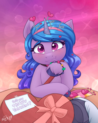 Size: 1770x2208 | Tagged: safe, artist:rivin177, imported from derpibooru, izzy moonbow, oc, unnamed oc, pony, unicorn, spoiler:g5, spoiler:my little pony: tell your tale, spoiler:tyts01e44, blushing, bow, bracelet, chocolate, commission, cute, female, flirting, food, g5, heart, heart eyes, hearts and hooves day, holiday, hooves, izzybetes, jewelry, looking at you, my little pony: make your mark, my little pony: tell your tale, not alphabittle, offscreen character, pov, present, raised hoof, secret ad-mare-er, simple background, solo focus, table, underhoof, unshorn fetlocks, valentine, valentine's day, wingding eyes, ych result