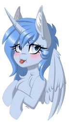 Size: 1711x3000 | Tagged: safe, artist:melodytheartpony, imported from derpibooru, oc, alicorn, 2023, :p, blushing, bust, chest fluff, cute, eyelashes, female, feral, fluffy, horn, icon, looking at you, portrait, signature, simple background, spread wings, tongue out, white background, wings