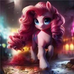 Size: 1536x1536 | Tagged: safe, editor:nightluna, imported from derpibooru, pinkie pie, earth pony, pony, ai content, ai generated, chest fluff, cute, diapinkes, ear fluff, eyebrows, eyelashes, female, fluffy, generator:purplesmart.ai, generator:stable diffusion, hoof fluff, looking at you, mare, prompter:nightluna, running, smiling, solo, street, unshorn fetlocks