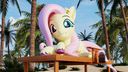 Size: 3840x2160 | Tagged: safe, imported from derpibooru, fluttershy, pegasus, pony, 3d, 4k, beach, blender, high res, palm tree, solo, summer, tree