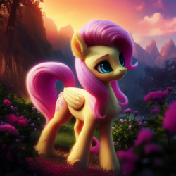 Size: 1536x1536 | Tagged: safe, imported from derpibooru, fluttershy, pegasus, pony, ai content, ai generated, bush, chest fluff, cloud, ear fluff, female, flower, generator:purplesmart.ai, generator:stable diffusion, grass, hoof fluff, mare, mountain, prompter:nightluna, sky, smiling, solo, standing