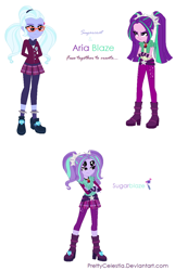 Size: 778x1208 | Tagged: safe, artist:prettycelestia, imported from derpibooru, aria blaze, sugarcoat, oc, oc:sugarblaze, equestria girls, belt, boots, clothes, crystal prep academy uniform, disguise, disguised siren, fusion, fusion:aria blaze, fusion:sugarblaze, fusion:sugarcoat, gem, hairpin, high heel boots, jewelry, multiple eyes, pigtails, purple eyes, ring, school uniform, shoes, simple background, siren gem, striped mane, white background