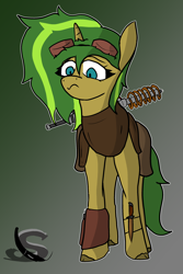 Size: 2072x3096 | Tagged: safe, artist:steelstroke, imported from derpibooru, oc, oc:spark plug, pony, unicorn, fallout equestria, goggles, goggles on head, gradient background, green, outline, solo, white outline, yellow