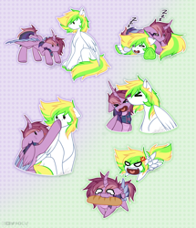 Size: 1830x2124 | Tagged: safe, artist:sparkie45, imported from derpibooru, oc, oc only, oc:ray of hope, oc:sparkie, alicorn, changeling, dragon, hybrid, pegasus, pony, boop, bread, chibi, floppy ears, food, merchandise, noseboop, shipping, sleeping, sticker