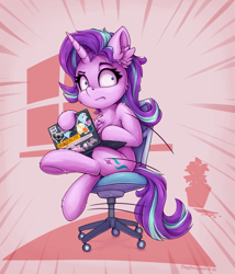 Size: 1645x1920 | Tagged: safe, artist:zeepheru_pone, imported from derpibooru, phyllis, starlight glimmer, pony, unicorn, annoyed, board game, chair, cheek fluff, chest fluff, computer, cup, dragon pit, ear fluff, equal cutie mark, female, kite, laptop computer, looking at you, mare, meme, mug, sitting, solo, sticker, teacup, window, wow! glimmer