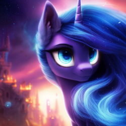 Size: 1024x1024 | Tagged: safe, imported from derpibooru, princess luna, alicorn, pony, ai content, ai generated, castle, ear fluff, eyebrows, eyelashes, female, generator:purplesmart.ai, generator:stable diffusion, mare, prompter:nightluna, sky, solo