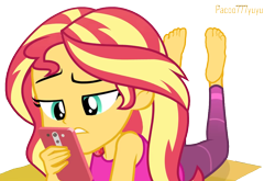 Size: 1090x718 | Tagged: safe, artist:pacoo777yuyu, imported from derpibooru, sunset shimmer, human, equestria girls, equestria girls series, barefoot, beautiful, cellphone, cute, feet, female, phone, relaxing, sexy, simple background, soles, solo, sunset, text, transparent background, yoga