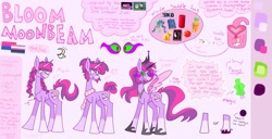 Size: 2721x1396 | Tagged: safe, artist:bloommoonbeam, imported from derpibooru, oc, oc:bloom moonbeam, alicorn, pony, unicorn, bio, bisexual pride flag, braid, braided pigtails, coat markings, concave belly, cutie mark, genderfluid pride flag, hoof heart, pigtails, pride, pride flag, reference sheet, slim, socks (coat markings), solo, text, thin, underhoof