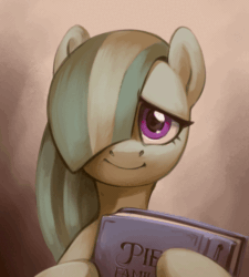 Size: 522x580 | Tagged: safe, artist:jewellier, imported from derpibooru, marble pie, earth pony, pony, animated, bust, gif, hair over eyes, hair over one eye, looking at you, mirrored, photo album, portrait, simple background, solo, text, unitinu, wat