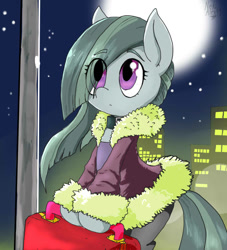 Size: 726x800 | Tagged: safe, artist:a.s.e, imported from derpibooru, marble pie, earth pony, pony, bag, bipedal, city, cityscape, clothes, coat, eye clipping through hair, female, mare, moon, solo, stars