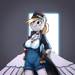 Size: 795x795 | Tagged: safe, artist:haku nichiya, imported from derpibooru, derpy hooves, anthro, breasts, busty derpy hooves, choker, cleavage, clothes, female, fingerless gloves, gloves, hand on hip, hat, solo, wings, wings down