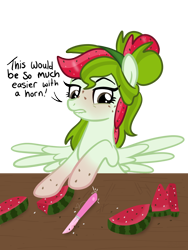 Size: 1768x2357 | Tagged: safe, artist:sjart117, imported from derpibooru, oc, oc only, oc:watermelana, pegasus, pony, blushing, eyebrows, female, food, freckles, fruit, frustrated, gradient hooves, knife, mare, pegasus oc, raised eyebrow, simple background, solo, speech, speech bubble, spread wings, table, talking, transparent background, watermelon, wings