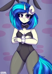 Size: 1750x2500 | Tagged: safe, artist:shadowreindeer, imported from derpibooru, dj pon-3, vinyl scratch, anthro, unicorn, bowtie, breasts, bunny ears, bunny suit, clothes, crossed arms, cuffs (clothes), leotard, pantyhose, reasonably sized breasts, sexy, solo, unamused, vinyl scratch is not amused