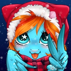 Size: 1748x1748 | Tagged: safe, artist:lailyren, imported from derpibooru, oc, oc only, oc:sea feather, pegasus, pony, :p, blushing, bust, christmas, clothes, female, freckles, hat, holiday, mare, pegasus oc, santa hat, scarf, solo, starry eyes, striped scarf, tongue out, wing gesture, wing hands, wingding eyes, wings