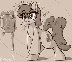 Size: 1107x950 | Tagged: safe, artist:llametsul, imported from derpibooru, berry punch, berryshine, earth pony, pony, cider, drool, floating heart, heart, heart eyes, hypnosis, hypnotized, looking at something, monochrome, signature, solo, that pony sure does love alcohol, tongue out, wingding eyes