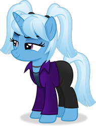 Size: 2844x3751 | Tagged: safe, artist:anime-equestria, imported from derpibooru, trixie, pony, unicorn, alternate hairstyle, clothes, female, horn, jewelry, lidded eyes, mare, necklace, pigtails, simple background, smiling, solo, transparent background, twintails, vector