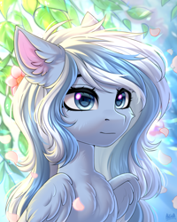 Size: 2000x2500 | Tagged: safe, artist:hakaina, imported from derpibooru, oc, oc only, pegasus, pony, blue coat, blurry background, bust, cheek fluff, chest fluff, colored, commission, ear fluff, eyelashes, female, floppy ears, flower, flower petals, fluffy, high res, leaves, lighting, lightly watermarked, long mane, looking forward, mare, partially open wings, pegasus oc, petals, shading, shiny eyes, signature, sitting, solo, striped mane, three quarter view, two toned mane, watermark, wing fluff, wings, ych result