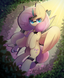 Size: 1800x2200 | Tagged: safe, artist:miryelis, imported from derpibooru, fluttershy, pegasus, pony, alternate hairstyle, arrow, big ears, bow, cute, feather, flying, leaves, long hair, looking back, makeup, solo, wings