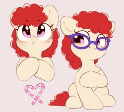 Size: 1193x1078 | Tagged: safe, artist:melodylibris, imported from derpibooru, twist, earth pony, pony, beige background, blushing, cute, female, filly, foal, full face view, glasses, hoof on chest, looking away, looking sideways, looking up, simple background, sitting, smiling, solo, three quarter view, twistabetes