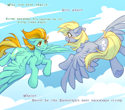Size: 3200x2800 | Tagged: source needed, safe, artist:djkaskan, imported from derpibooru, derpy hooves, lightning dust, pegasus, pony, cars (pixar), cloud, dialogue, duo, duo female, eyelashes, female, flying, looking at each other, looking at someone, sky, spread wings, tail, underhoof, wings