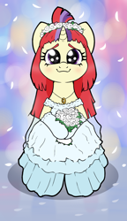 Size: 750x1300 | Tagged: safe, artist:kumakum, imported from derpibooru, moondancer, pony, unicorn, clothes, cute, dancerbetes, dress, flower, flower in hair, looking at you, marriage, solo, wedding dress, wholesome