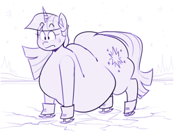 Size: 2189x1661 | Tagged: safe, artist:secretgoombaman12345, imported from derpibooru, twilight sparkle, pony, unicorn, cracking, cracks, fat, female, ice, ice skates, monochrome, morbidly obese, obese, outdoors, skates, snow, solo, this will end in hypothermia, this will not end well, twilard sparkle, unicorn twilight, winter
