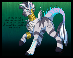 Size: 2500x2000 | Tagged: safe, artist:nega subucni, imported from derpibooru, zecora, oc, zebra, abstract background, dialogue, ear piercing, earring, feathered wings, female, furry to pony, high res, jewelry, non-mlp oc, paws, piercing, raised hoof, rhyme, solo, transformation, wings