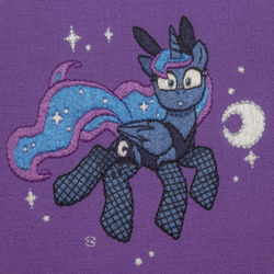 Size: 3108x3109 | Tagged: safe, artist:selenophile, imported from derpibooru, princess luna, alicorn, pony, blushing, bunny ears, bunny suit, clothes, embroidery, fishnets, looking at you, moon, stockings, surprised, thigh highs