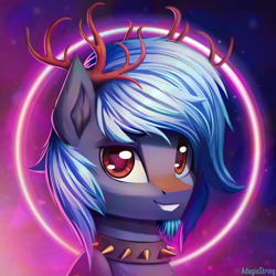 Size: 2000x2000 | Tagged: safe, artist:adagiostring, imported from derpibooru, deer, pony, bust, glowing, male, portrait, simple background, smiling, solo, species, stallion