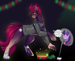 Size: 3000x2417 | Tagged: safe, artist:nega subucni, imported from derpibooru, tempest shadow, twilight sparkle, alicorn, human, pony, abstract background, bipedal, blushing, broken horn, clothes, commission, dialogue, duo, facial hair, female, gradient background, hearth's warming eve, high res, horn, human to pony, lesbian, male to female, mare, nose piercing, open mouth, piercing, present, ripping clothes, rule 63, shipping, shirt, sideburns, socks, tempestlight, transformation