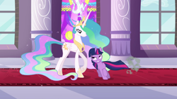 Size: 1920x1080 | Tagged: safe, imported from derpibooru, screencap, princess celestia, twilight sparkle, alicorn, pony, unicorn, season 2, the return of harmony, bedroom eyes, canterlot castle, crown, duo, female, height difference, jewelry, mare, regalia, stained glass, stained glass window, unicorn twilight, window