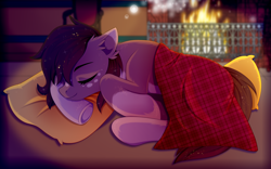 Size: 2500x1560 | Tagged: safe, artist:fluffywhirlpool, imported from derpibooru, oc, oc only, oc:pelmeshka, earth pony, pony, blanket, brown mane, brown tail, coat markings, cute, ear fluff, earth pony oc, eyes closed, female, fireplace, full body, lying down, mare, night, pale belly, pillow, short mane, sleeping, socks (coat markings), solo, spots, tail, trade